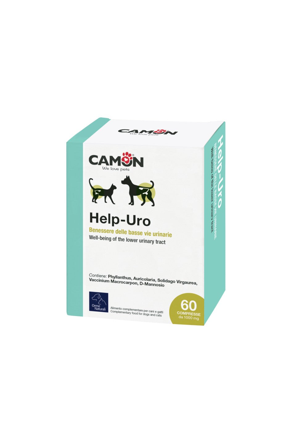 Confezioni da 60 compresse di Help-Uro, integratore naturale per il benessere delle vie urinarie di cani e gatti con estratti di piante e funghi.