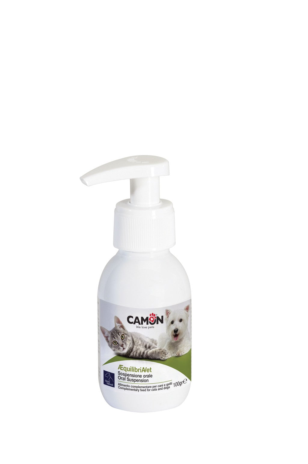Flacone da 100g di ÆquilibriAVet sospensione orale, integratore naturale a base di Melissa, Valeriana e Triptofano per cani e gatti.