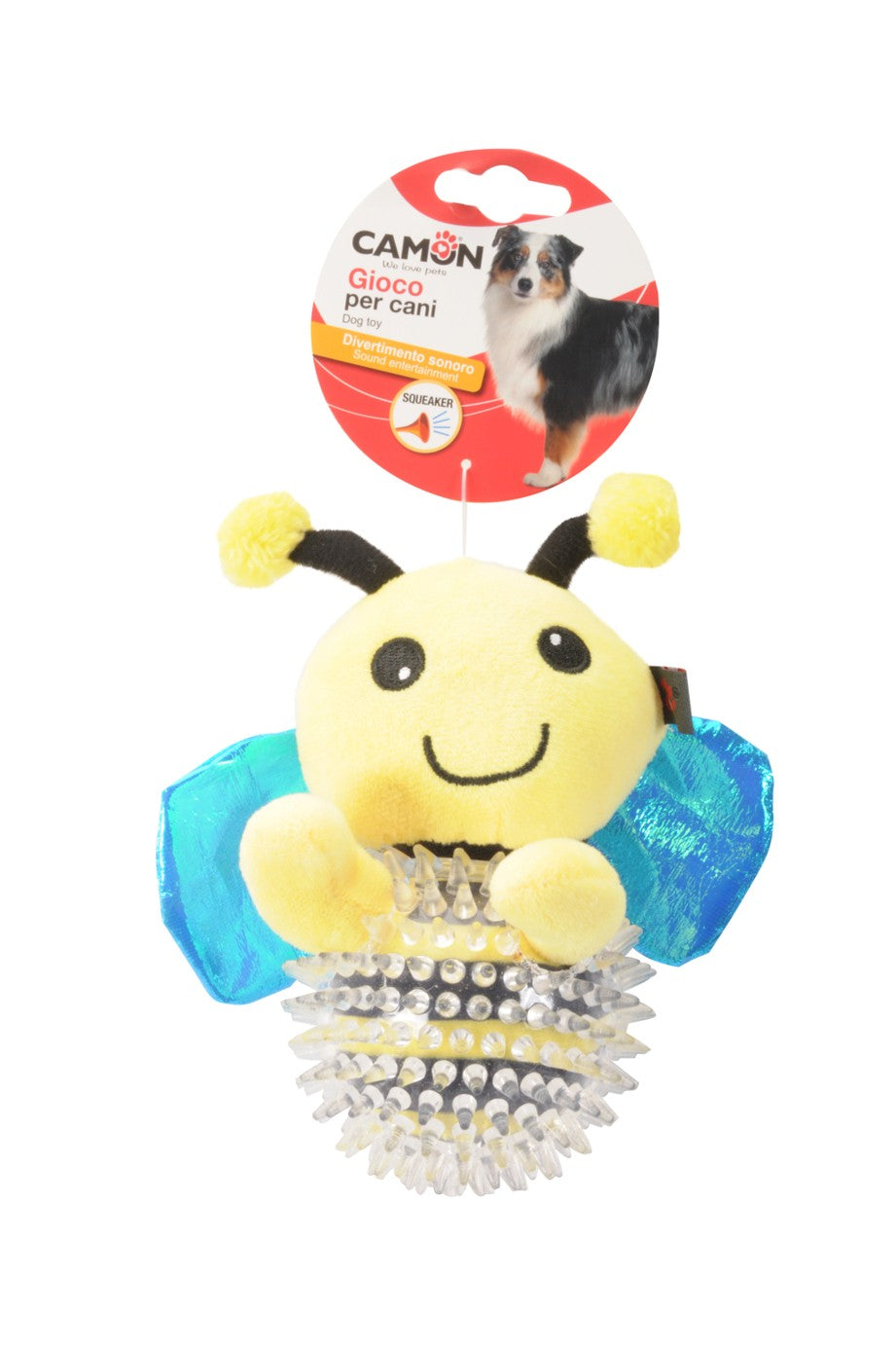 giochi per cani a forma di insetti (coccinella rossa, farfalla viola e ape gialla) con tessuti misti in TPR e poliestere, completi di squeaker interno
