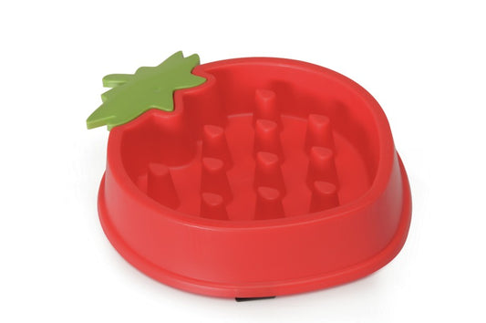 Ciotola anti-ingozzamento a forma di fragola, con rilievi interni colorati pensati per rallentare l’ingestione. Ideale per cani di tutte le taglie.