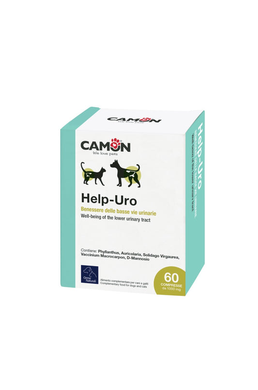Confezioni da  60 compresse di Help-Uro, integratore naturale per il benessere delle vie urinarie di cani e gatti con estratti di piante e funghi.
