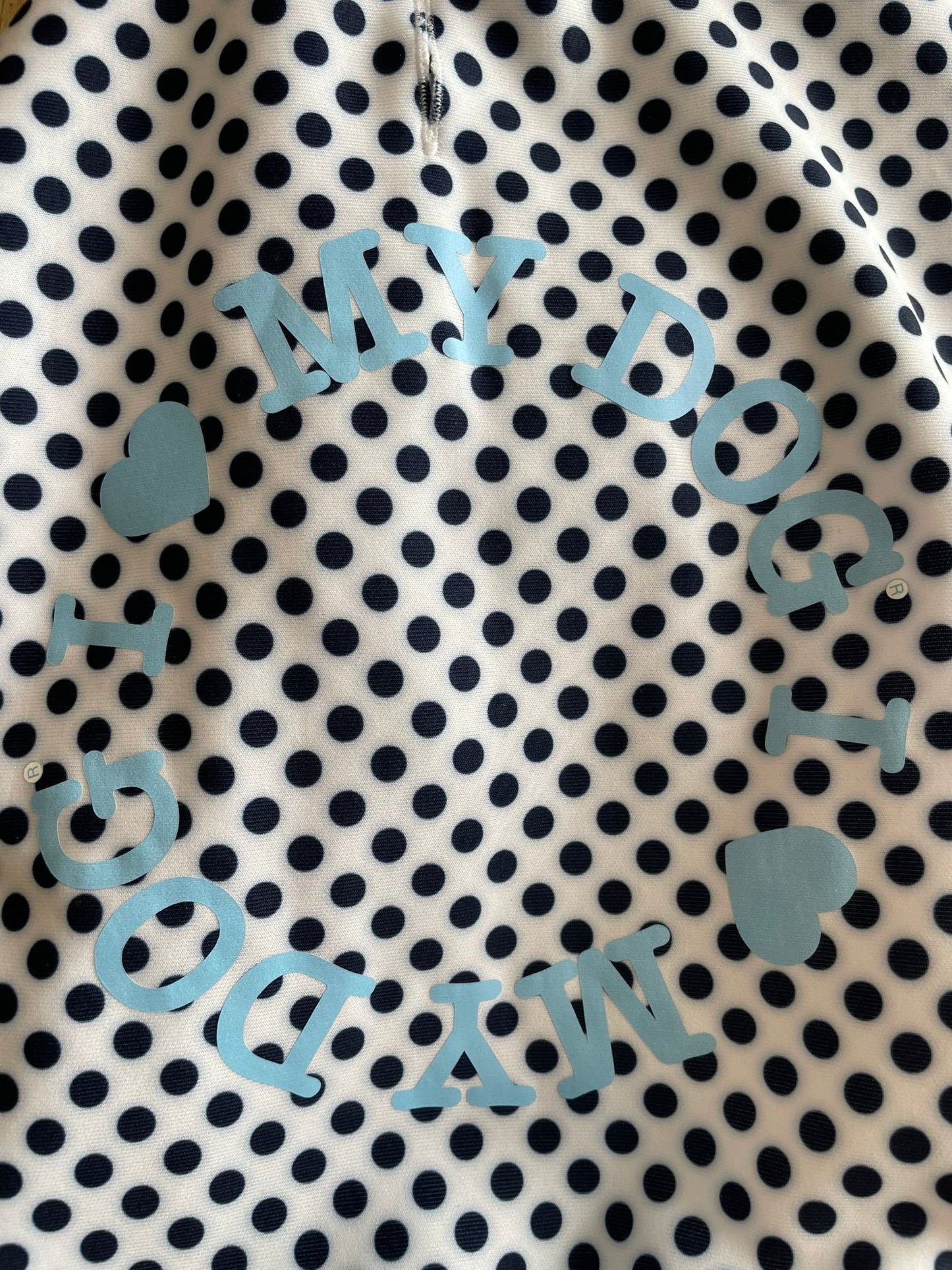 Dettaglio logo azzurro felpa cane traspirante – pois blu I Love My Dog