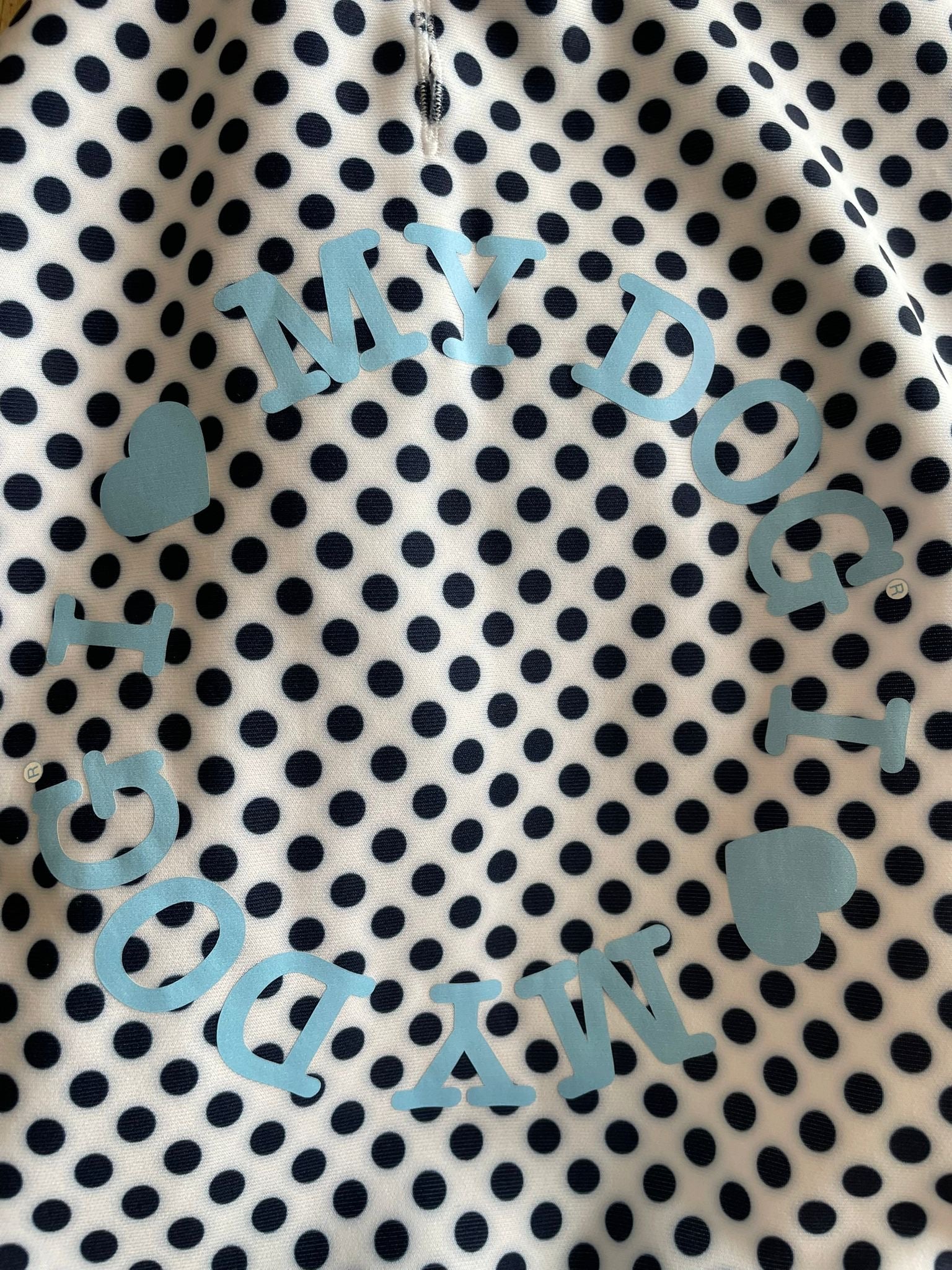 Dettaglio logo azzurro felpa cane traspirante – pois blu I Love My Dog