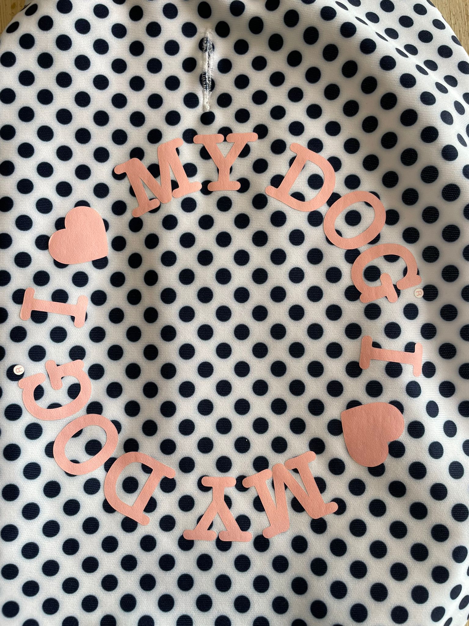 Dettaglio logo rosa felpa cane traspirante – pois blu I Love My Dog