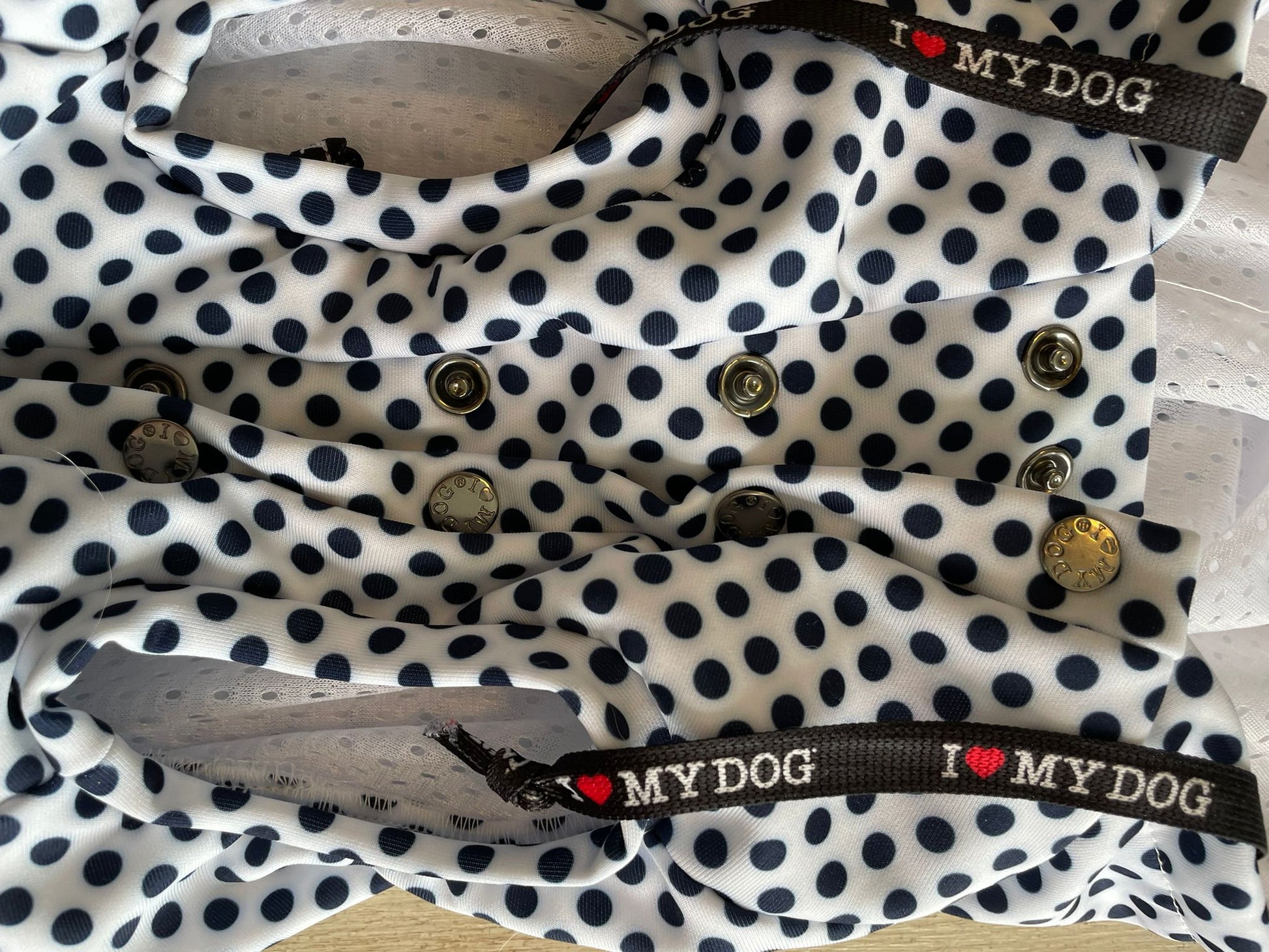 Dettaglio tessuto felpa cane traspirante – pois blu

