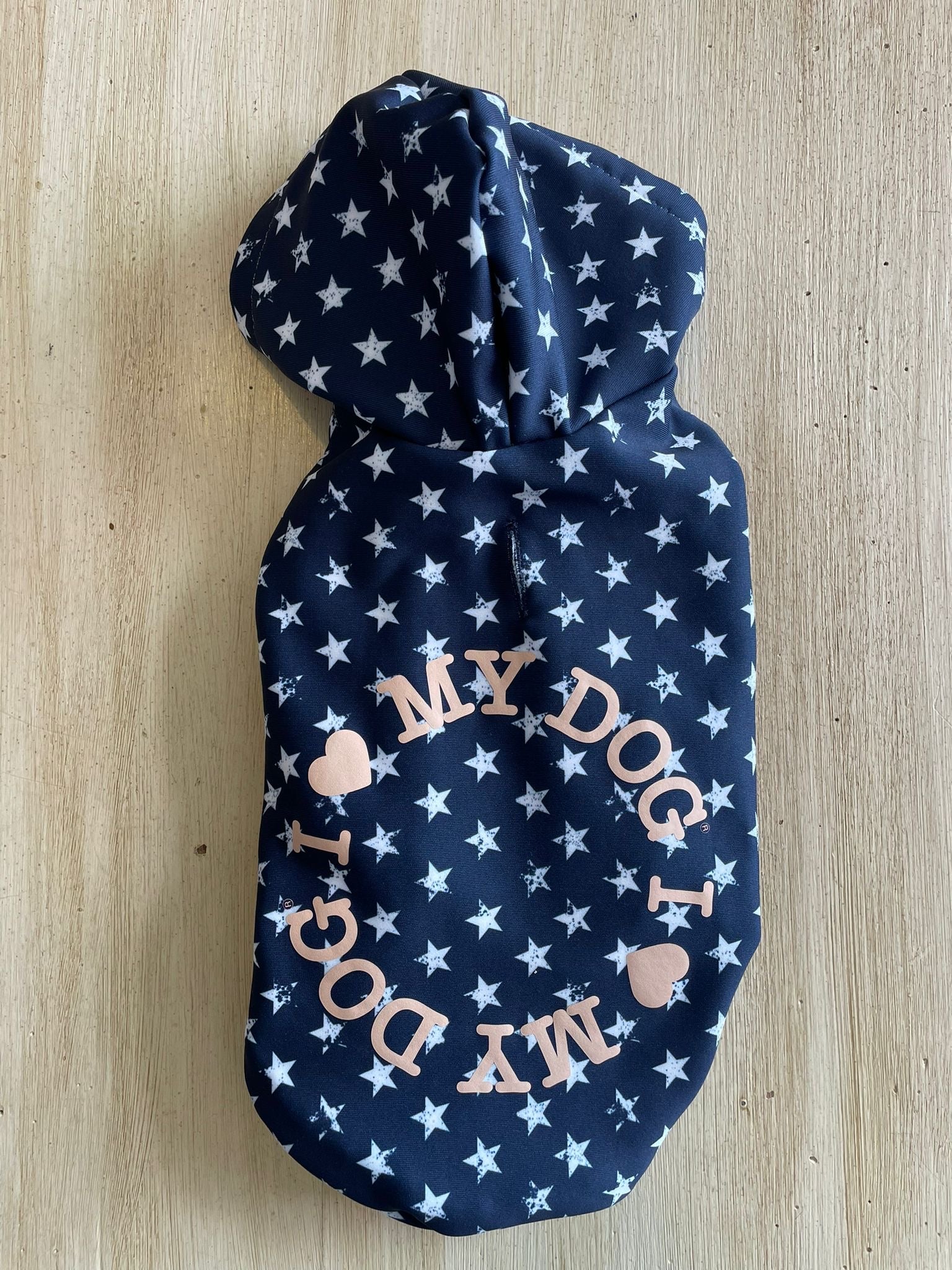 Felpa per cani con cappuccio blu con stelline bianche e scritta I Love My Dog 