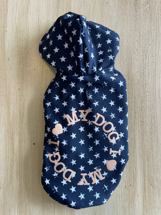 Felpa per cani con cappuccio blu con stelline bianche e scritta I Love My Dog 