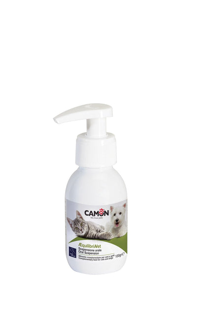 Flacone da 100g di ÆquilibriAVet sospensione orale, integratore naturale a base di Melissa, Valeriana e Triptofano per cani e gatti.