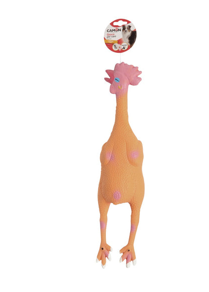 Pollo giocattolo in lattice di grandi dimensioni, colorato e realistico, con becco aperto pronto a "strillare" quando viene morso o schiacciato.