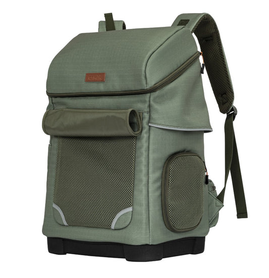 Zaino ergonomico da trasporto per cani di piccola taglia. Design moderno, struttura solida, inserti in rete traspirante e dettagli funzionali come tasche e tendina frontale con chiusura magnetica.